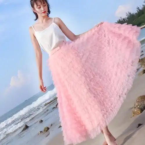 19秋冬新款d家超仙粉色网纱蓬蓬半身裙女高腰真丝大摆层层蛋糕裙