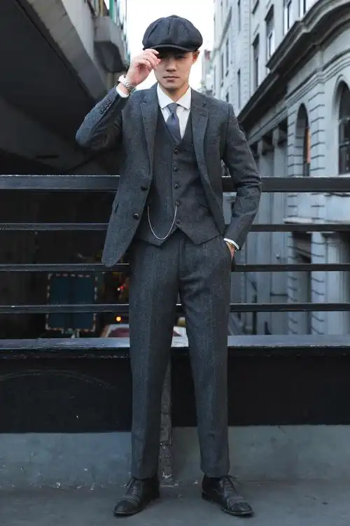 复古英伦雅痞绅士浴血黑帮羊毛花呢人字修身西服套装