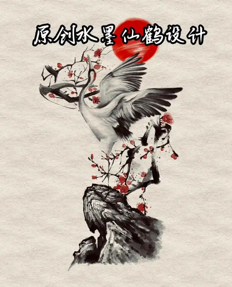 原创水墨仙鹤纹身手稿