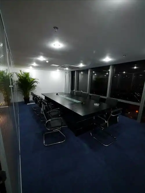 宽敞的办公室内绿色与灯光相应成景,简约而不简单