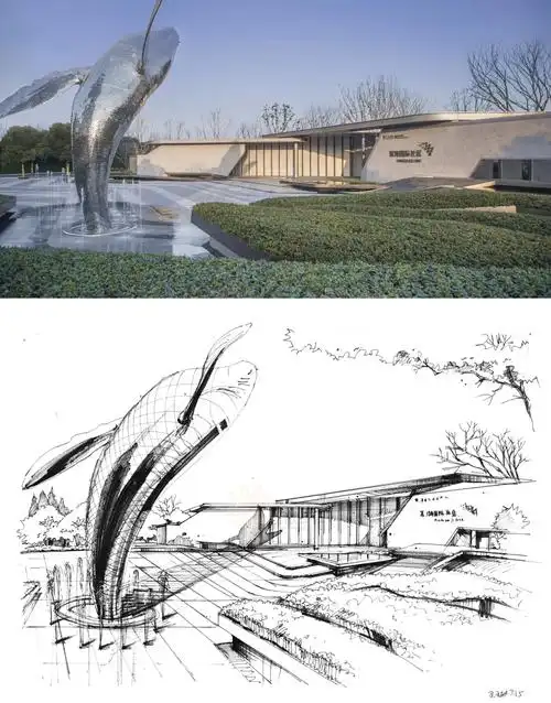 7615公园鲸鱼不锈钢雕塑手绘透视效果图7615公园石亭植物手绘