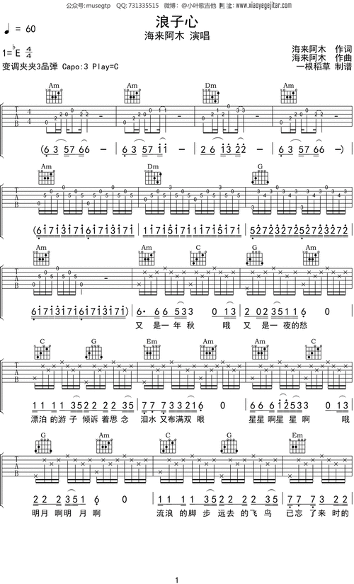 海来阿木浪子心吉他谱c调吉他弹唱谱