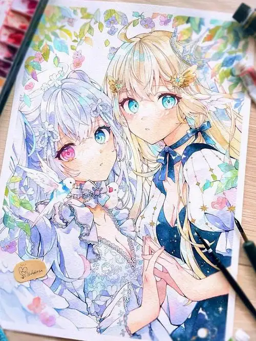 梦幻的水彩 搭配可爱的动漫人物真的好绝～ins:0827jennifer#画画课