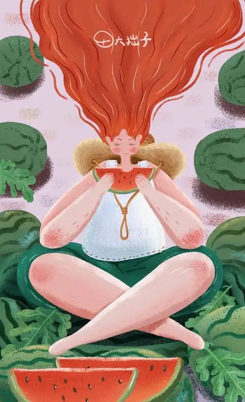 插画今日打卡:红发的小啾啾(夏季篇)--吃西瓜