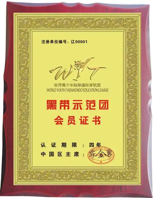 世界青少年跆拳道教育联盟黑带示范团颁发专属木制证书