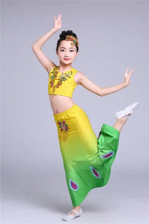 新款儿童傣族舞蹈女童孔雀舞葫芦幼儿民族舞古典儿童演出服
