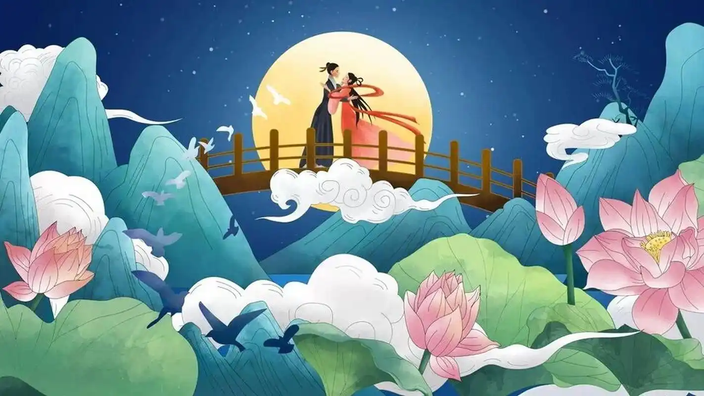 7815七夕牛郎织女相会|国风插画背景素材 虽然还有几天才到七夕节