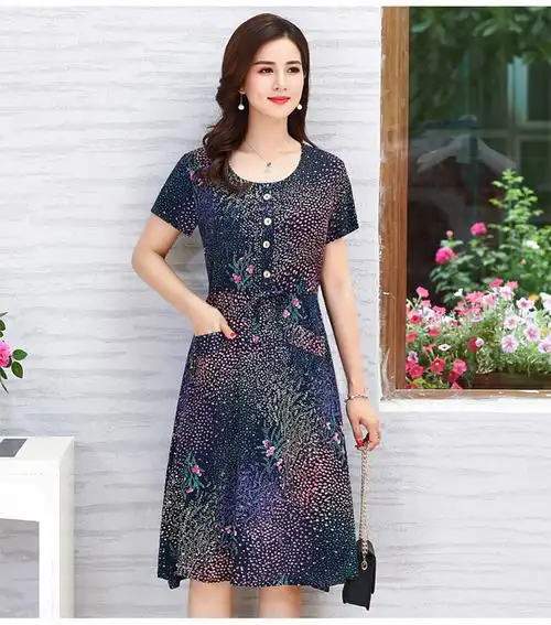 夏季新款中老年女装连衣裙中年妈妈装大码修身短袖中长夏装花裙子