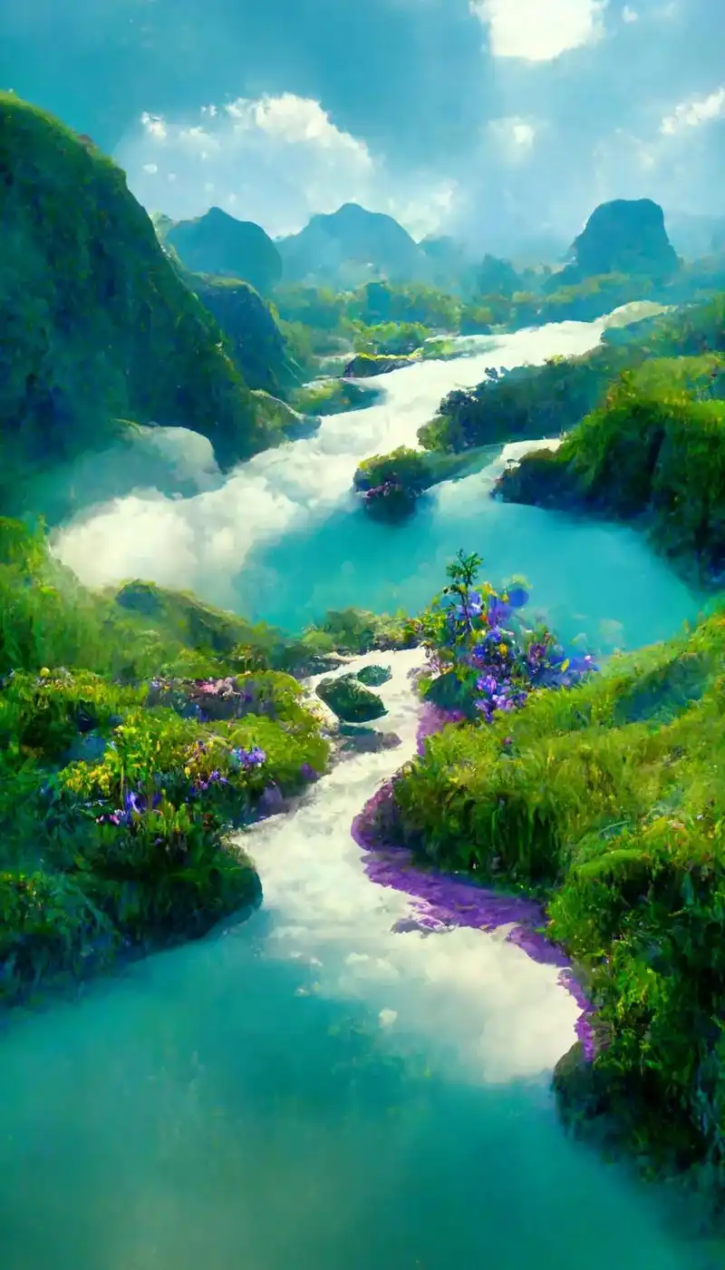 山谷.山谷内一片花草丛生的景色,谷中一条清澈的溪水流过,溪边 - 抖音