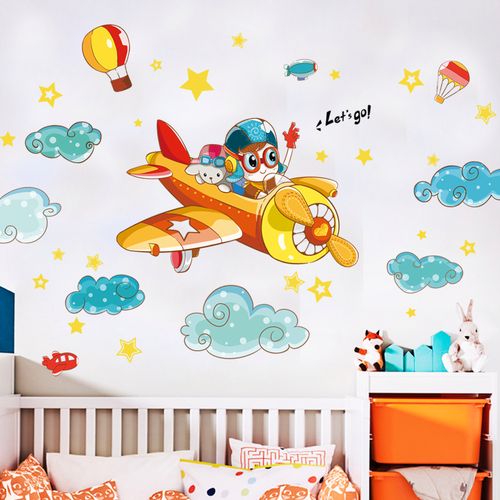 卡通男孩卧室墙面装饰品贴画可爱飞机贴纸儿童房床头壁纸自粘墙贴