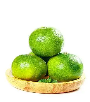 白底上放着一盘青皮蜜桔