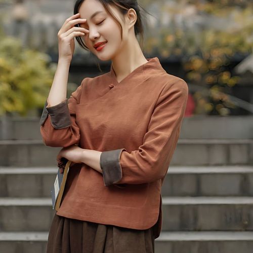 棉麻汉服改良茶服女禅意茶艺服装中式女装国风文艺禅服佛系上衣