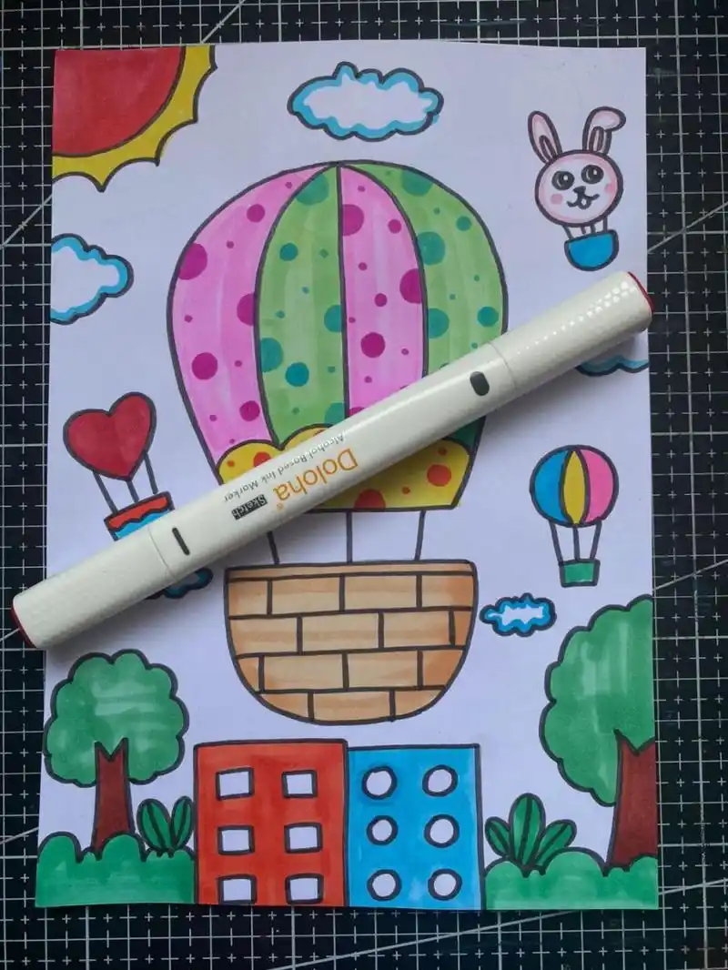 热气球儿童画 简单热气球马克笔画卡通画 适合小朋友的儿童画 笔 多乐