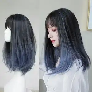 闷青色甜美增发发套蓝色假发韩版头套式中长发整顶假发片空气刘海