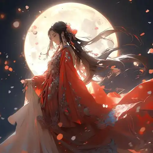 中秋在月光下跳舞的红衣古风少女