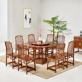 大果紫檀圆餐桌带转盘 餐厅明式红木餐台 圆形饭桌椅组合