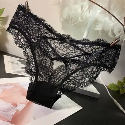 suntek三送一欧美性感蕾丝内裤女士镂空交叉绑带透明诱惑三角裤薄款夏