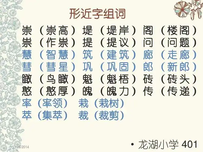 语文四年级上册第五单元复习ppt 形近字组词 崇(崇高)堤(堤岸)阁(楼阁