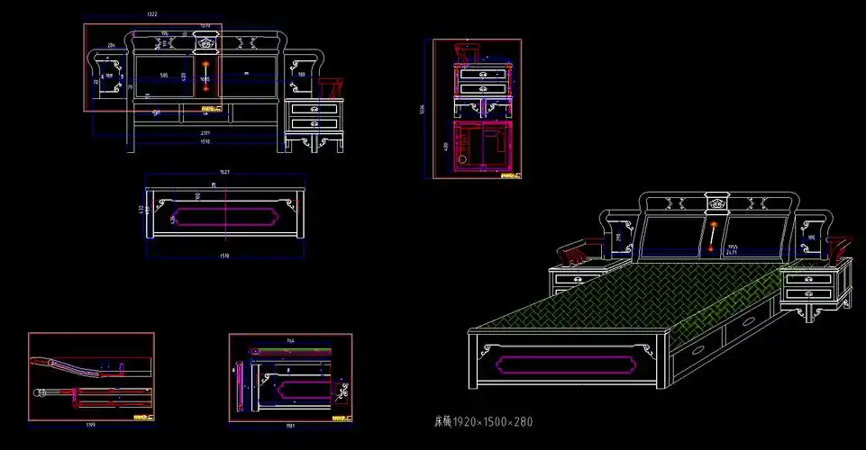 红木大床-cad家具设计图纸(135套)-中式古典红木家具-cad设计图纸 部