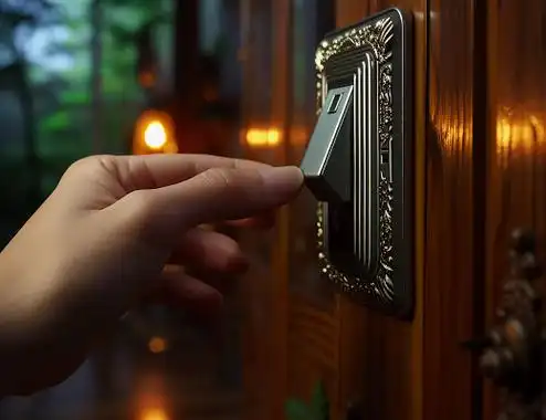 手按电灯的按钮开关晚上在家里关灯拿着手电筒看书的男孩清新蓝我用电