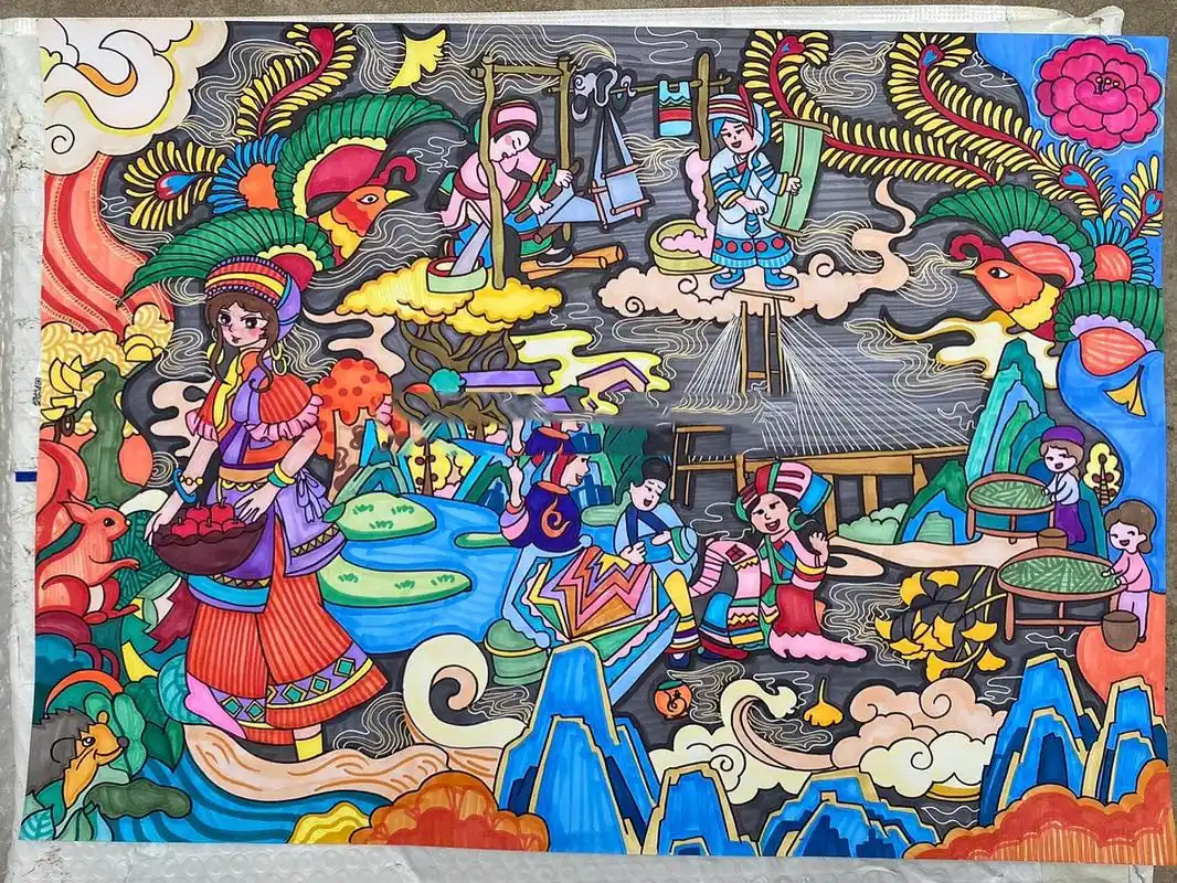 少数民族主题画 小熊分享客单,少数民族彝族绘画,非常有民族特色的一