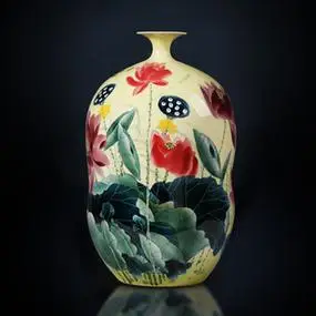 景德镇陶瓷器花瓶手绘荷花粉彩葫芦瓶插花摆件中式家居客厅装饰品