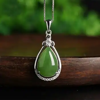 老凤祥款式情人节礼物925银镶和田玉吊坠女士款碧玉水滴玉坠挂件饰品