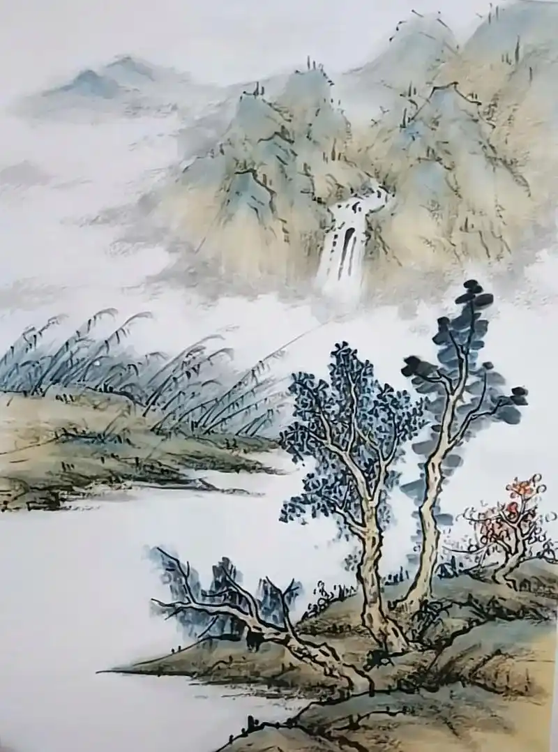 中国写意山水画山石瀑布树木小草的搭配