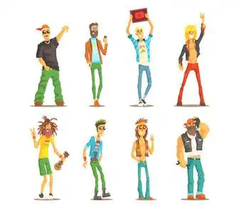 亚文化卡通人物的不同亚文化.有文化特质的年轻人和成年男人.