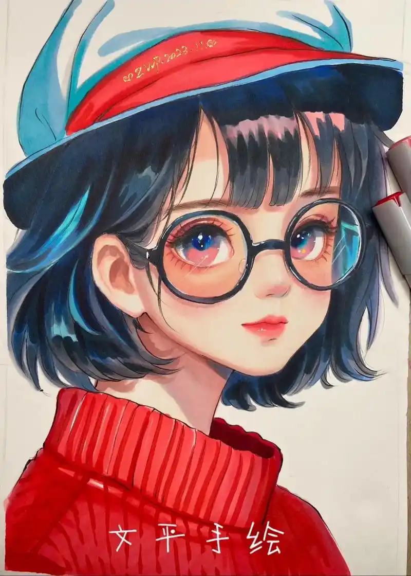 马克笔红帽子漫画女孩/手绘附步骤图.