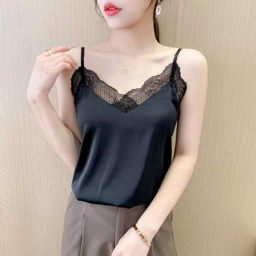 吊带背心女内搭夏季少女蕾丝真丝小妹衫黑白甜美灰绿纯色004性感 - 三