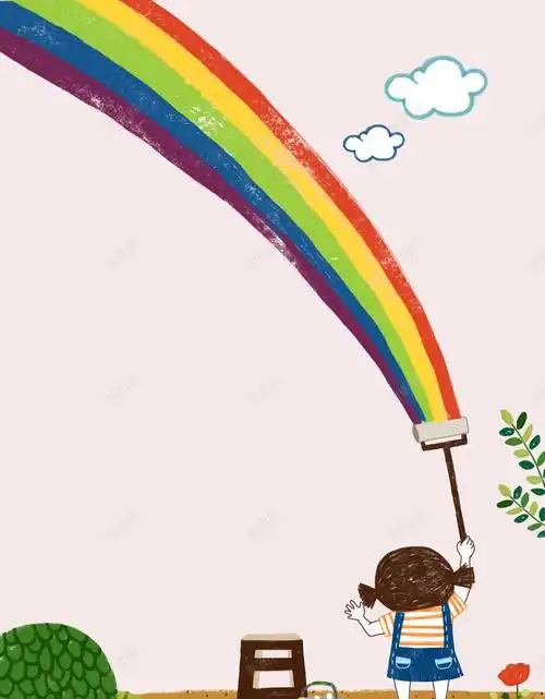 com 儿童 卡通 小女孩 开心 彩虹 手绘 海报 画画 童趣 粉色 背景