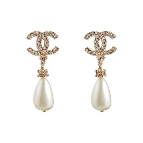 金色双c镶水钻水滴 珍珠耳环耳钉 香奈儿耳环