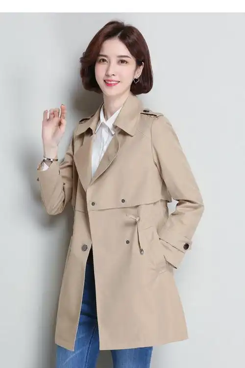 恒源祥2019春装新款女士西装领外套收腰大衣韩版中长款宽松风衣女b(2