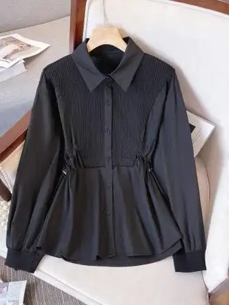 显瘦减龄宽松拼接衬衫上衣黑色女士秋装新款上衣洋气独m建议80100斤