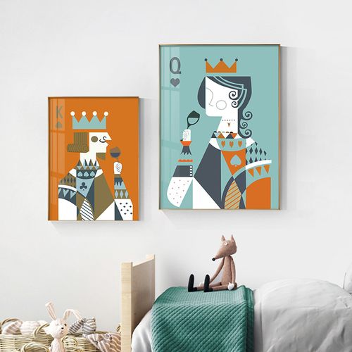国王和皇后北欧小清新田园风格卡通扑克餐厅装饰画有框卧室儿童房
