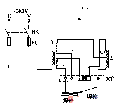 交流电焊机的电路如图2-15b所示:当合上刀丹关hk时,电捍机得电工作,当