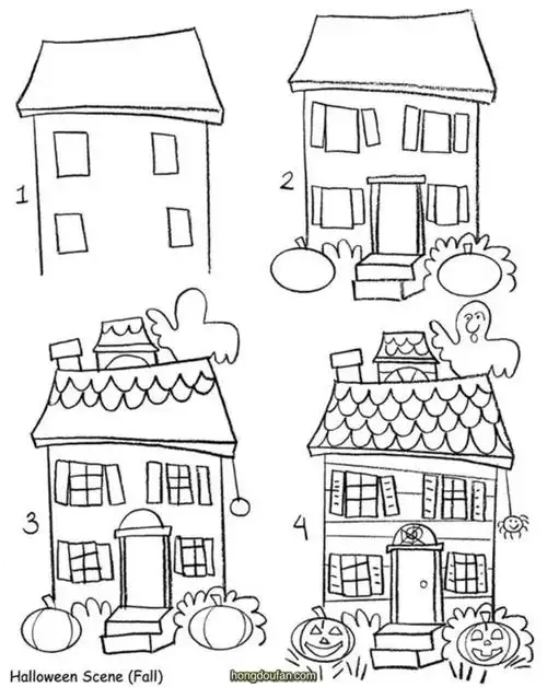 一步一步画万圣节闹鬼的房子房子简笔画大全