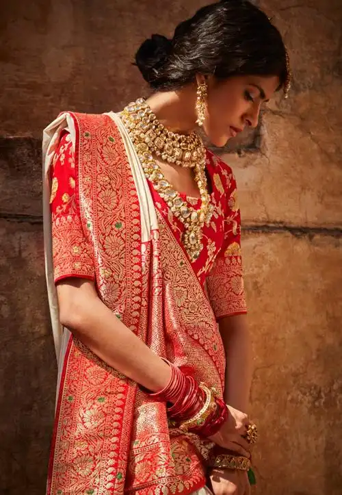 米白白色丝质提花印度纱丽节日聚会民族风传统民族服装