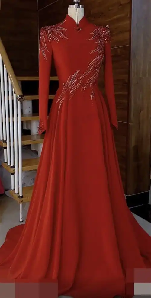 高定重工独唱音乐会礼服红色长袖主持人礼服a摆学生艺考演出服-mc母婴
