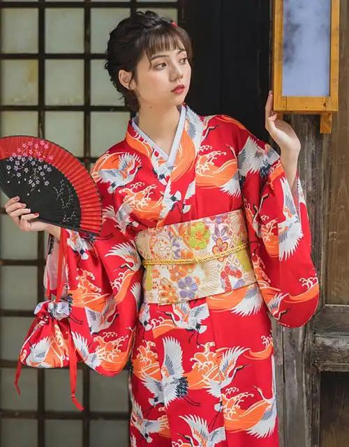 高端轻奢月下和服 大红仙鹤 女士日本改良和服浴衣 日系复古摄影写真