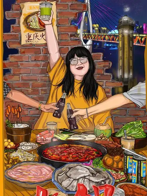 原创作品插画艺术插画火锅插画勒是雾都重庆印象美食装饰画转圈的