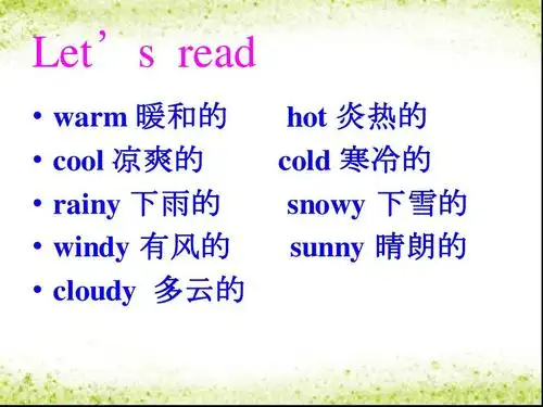 下雨的 windy 有风的 cloudy 多云的 hot 炎热的 cold 寒冷的 snowy