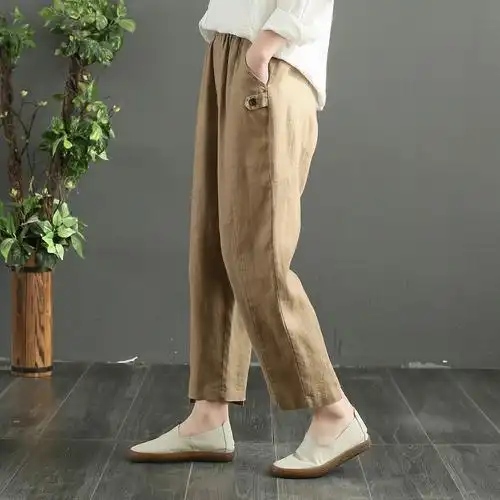 诗锦原创2021春夏季新款亚麻裤女哈伦九分棉麻休闲裤