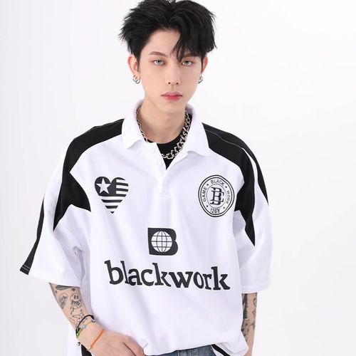 小众ins潮牌炸街宽松男女同款t恤潮2022美式复古机车风polo衫短袖