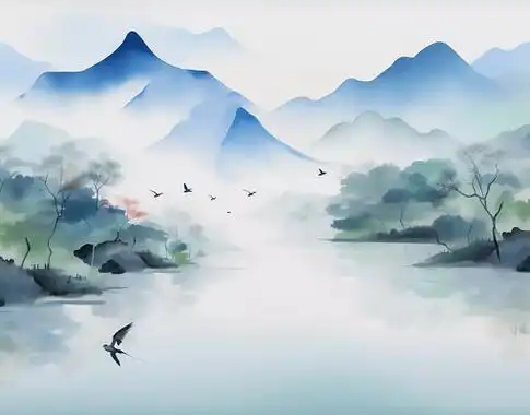 古风水彩水墨山水画中国风风景壁纸飞鸟古典山水画祥云国潮山水云雾