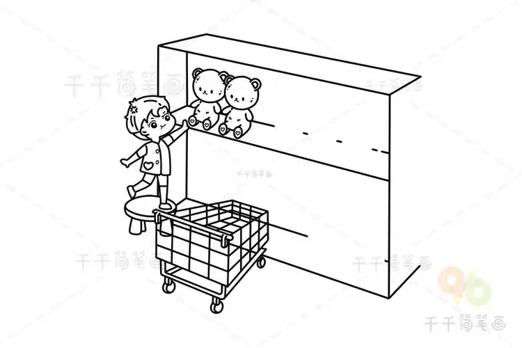 小朋友挑选物品的场景超市货架简笔画