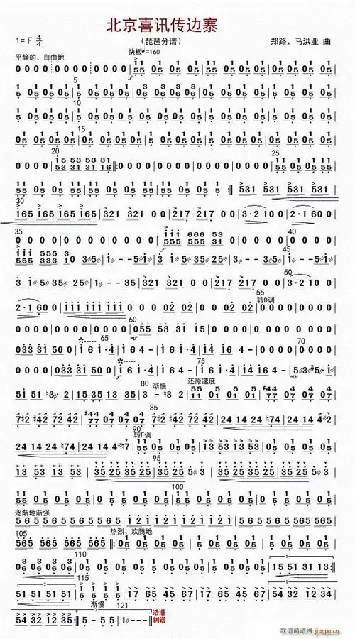 北京喜讯到边寨(琵琶分谱) 歌谱简谱网