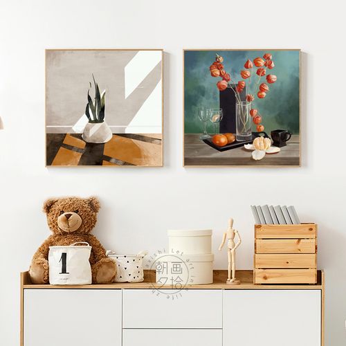 简约莫兰迪静物瓶花餐厅橘子水果茶壶酒杯正方形装饰画饭厅餐厅画