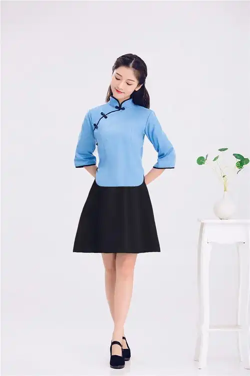 民国女五四青年装女装棉麻套装复古校园风毕业班服 天蓝色棉布 短 s